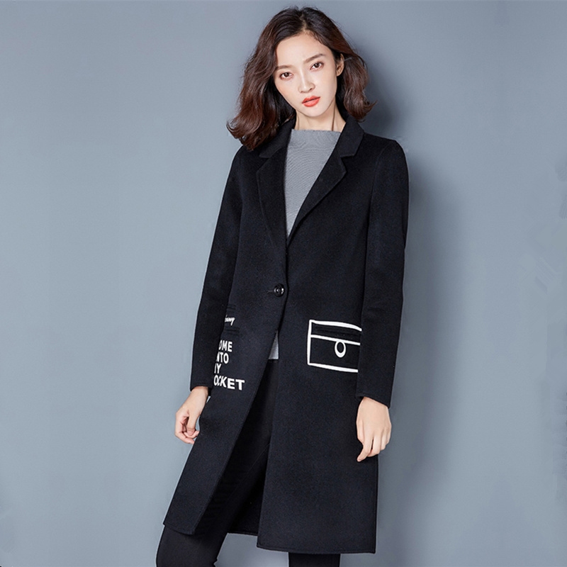 正品双面呢外套秋冬季韩版中长款印花黑色羊绒羊毛呢大衣包邮女装