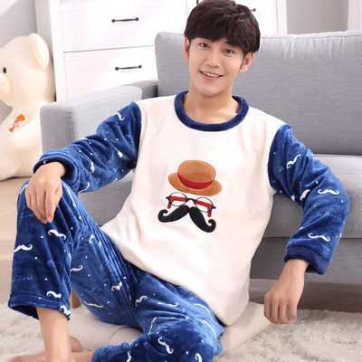 秋冬季加厚珊瑚绒男士青少年冬天加绒睡衣男长