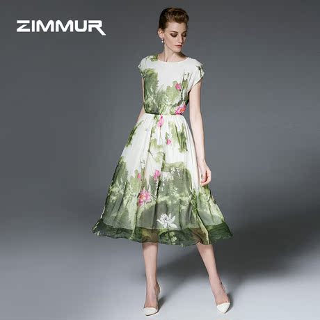 ZIMMUR2016夏季新款女装圆领短袖中长款桑蚕丝水墨印花真丝连衣裙商品大图