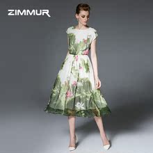 ZIMMUR2016夏季新款女装圆领短袖中长款桑蚕丝水墨印花真丝连衣裙图片