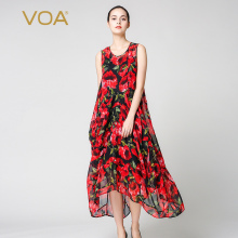 VOA 黑底玫瑰花圆领无袖倒V形分割线浪漫真丝两件套连衣裙A3258图片
