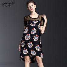 惊束大码夏新款品牌100%真丝桑蚕丝不对称印花宽松女装复古连衣裙图片