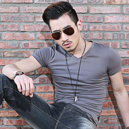 魂牵网-- 夏季男士短袖T恤紧身男装纯色打底衫