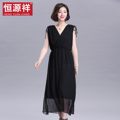 恒源祥真丝连衣裙女夏季桑蚕丝气质宽松礼服宴会长款黑色长裙显瘦商品大图