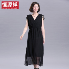 恒源祥真丝连衣裙女夏季桑蚕丝气质宽松礼服宴会长款黑色长裙显瘦图片