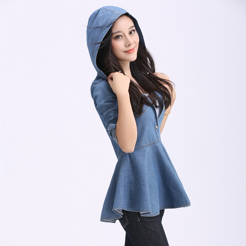 2015春装女装连帽修身燕尾牛仔外套女 韩版中长款长袖短外套
