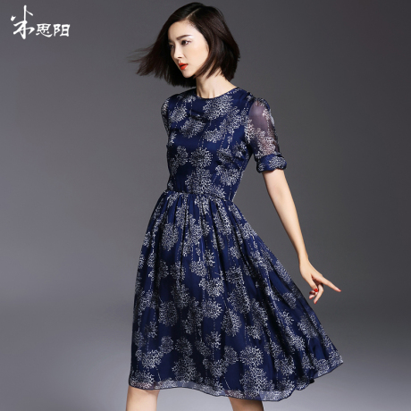 婉兮2017春新款桑蚕丝修身长袖中长款大摆真丝印花裙商品大图