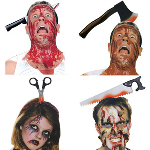 万圣节游戏表演用品整人恐怖-塑料道具穿头刀钉子针管锯子道具