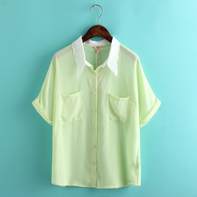冰吉2015夏季新款 欧洲欧根纱领绿色衬衫女短袖衬衣棉麻上衣
