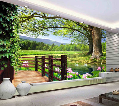 3d海景客厅沙发电视背景墙纸中式立体壁纸现代田园风景壁画