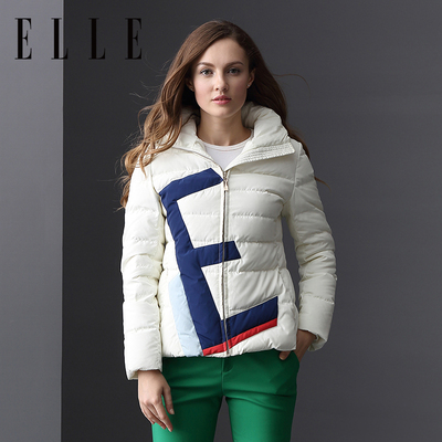 elle2015秋冬新款 加厚外套撞色字母印花修身显瘦连帽羽绒服短款