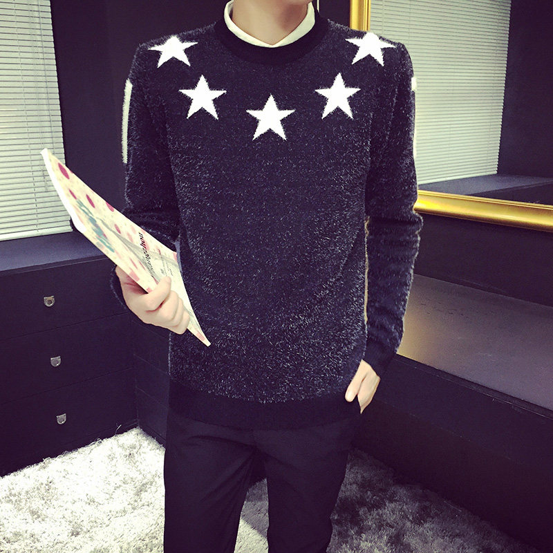 5秋装新款男装绣花休闲圆领线衫男修身<em>套头</em>潮