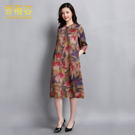 香薇姿夏季盘扣真丝香云纱连衣裙花色妈妈装长款桑蚕丝宽松中袖女商品大图