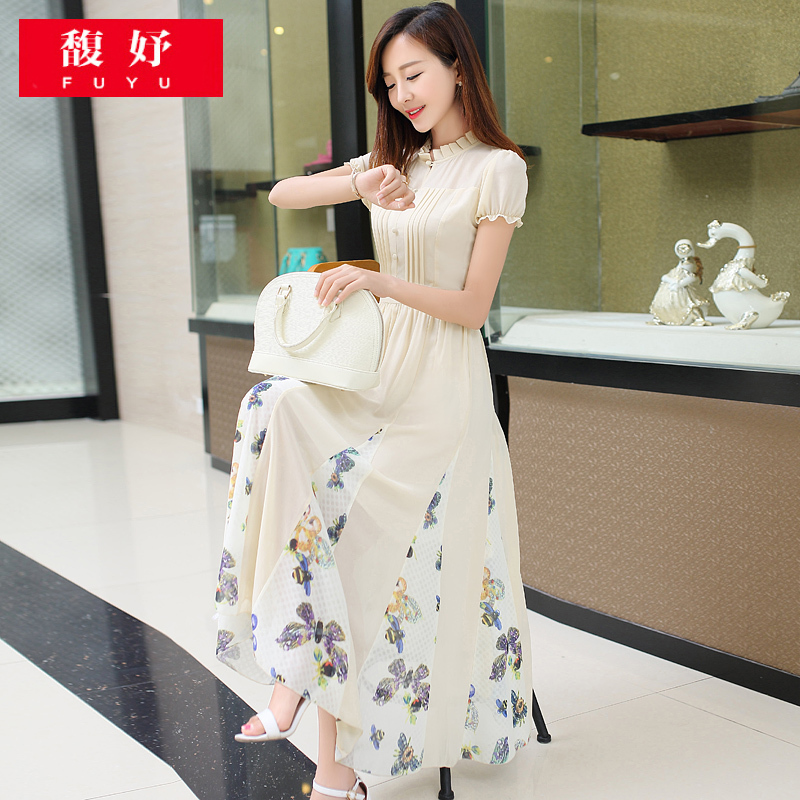 2015夏季新款韩版大码女装印花短袖雪纺连衣裙子修身显瘦气质长裙
