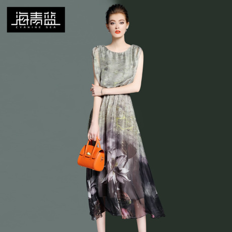海青蓝2017夏季新款时尚印花无袖背心优雅气质中长款女连衣裙1303商品大图