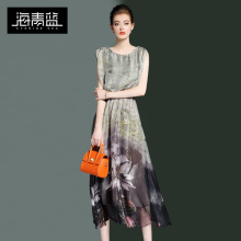 海青蓝2017夏季新款时尚印花无袖背心优雅气质中长款女连衣裙1303图片