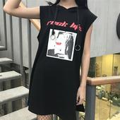连帽背心连衣裙子潮 宽松显瘦贴布印花黑色中长款 韩版 无袖 新款 夏装