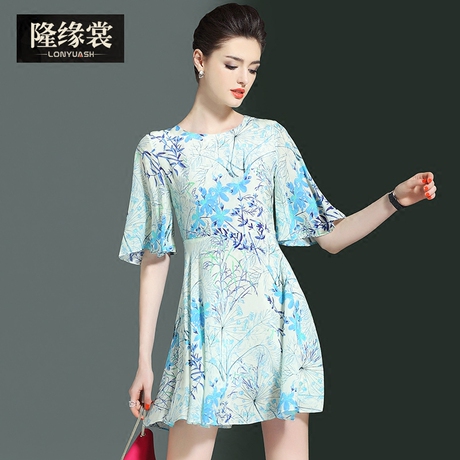 隆缘裳2017夏季新款印花女装荷叶袖修身时尚短款真丝连衣裙子3785商品大图