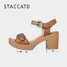 9JC01BL6 皮代扣饰粗高跟女凉鞋 思加图夏季专柜同款 STACCATO