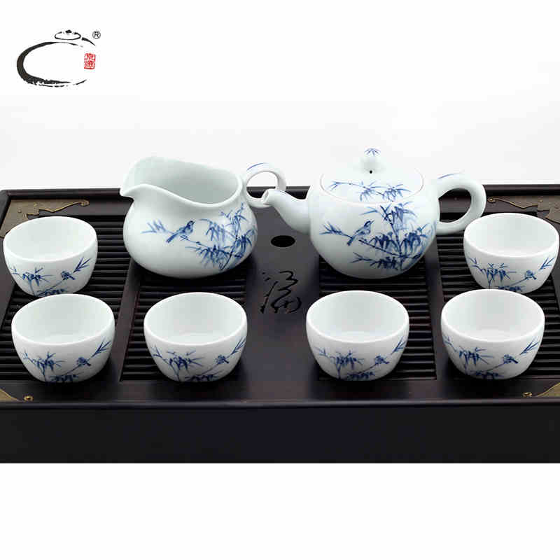 京德 贵和祥手绘青花瓷竹鸟壶整套茶具景德镇功夫茶具套装组合