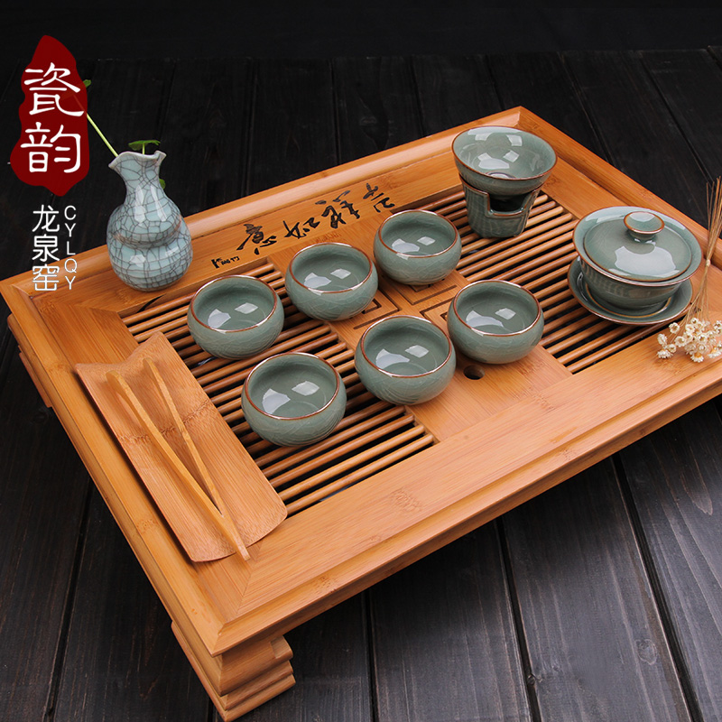 瓷韵特价功夫茶具配件中号排水茶盘竹木制茶海储水茶台抽屉式托盘