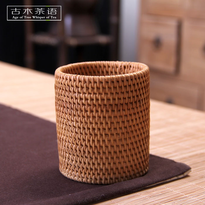 办公室创意藤编笔筒茶具收纳配件茶夹茶针茶勺茶漏茶道筒六君子
