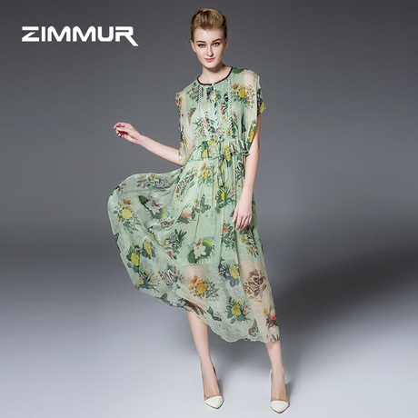ZIMMUR2016夏季新款女装圆领荷叶袖时尚桑蚕丝真丝印花连衣裙长裙商品大图