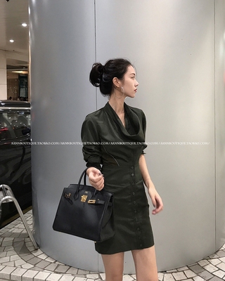 【Aann】17早秋_墨绿麂皮拼接长袖纽扣连衣裙