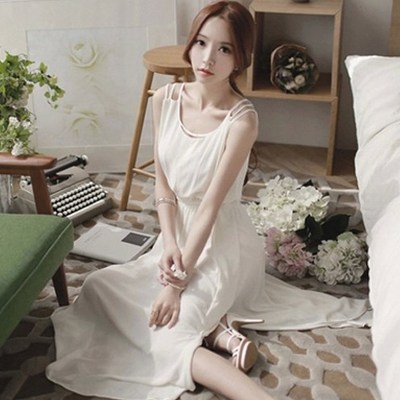 2015夏装新款韩版时尚修身性感气质飘逸无袖吊带雪纺连衣裙长裙子