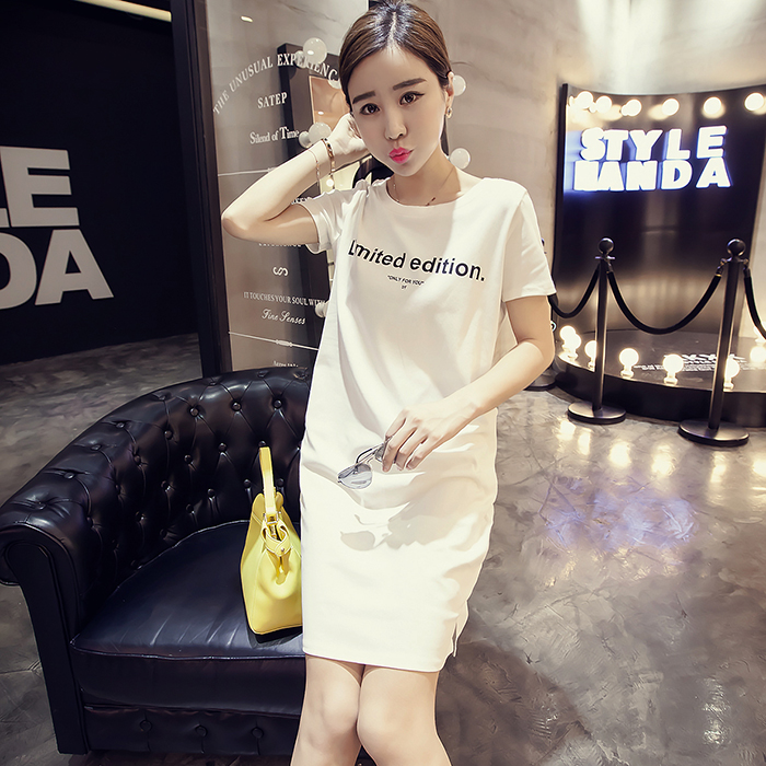 2016夏装韩版简约长袖中长款上衣学生修身显瘦黑白短袖T恤裙女春
