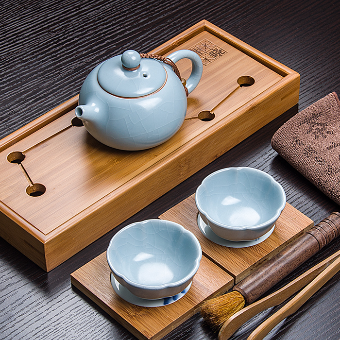 开片汝窑 一壶两杯汝瓷冰裂陶瓷茶壶茶杯整套功夫茶具小套装快客
