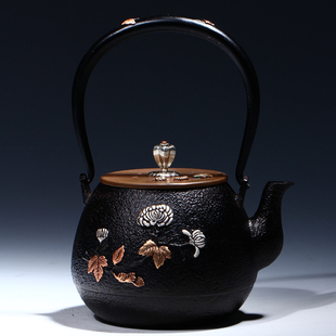 品茶忆友 铁茶壶 秋菊引蝶精铸日本铁壶 铸铁壶 铜盖壶身镶嵌金银