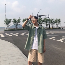 1CHEN /夏季日系纯色美式工装衬衫 毛边做旧磨破宽松短袖衬衣男潮