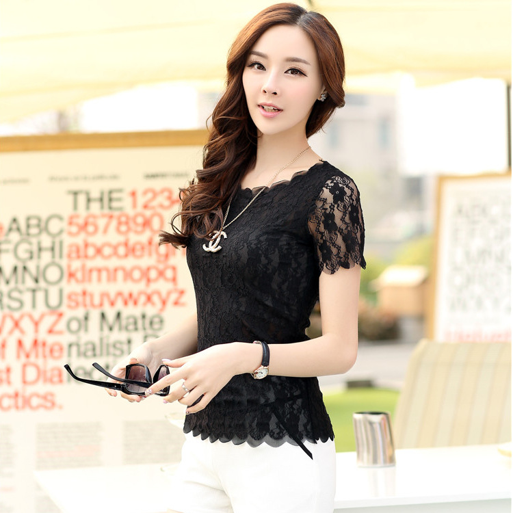 大码女装夏季韩版镂空修身t恤雪纺衫 女 蕾丝短袖上衣黑色打底衫