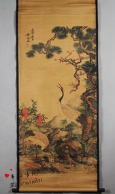 批发名人仿古字画国画山水画 客厅装饰古画 沈铨松梅双鹤图中堂画