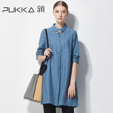 Pukka/蒲牌秋装新款原创设计大码女装翻领肌理棉麻连衣裙商品大图