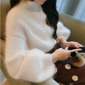 白仿貂绒加厚兔毛针织衫 泡泡蝙蝠衫 毛衣女套头宽松春秋短款 灯笼袖