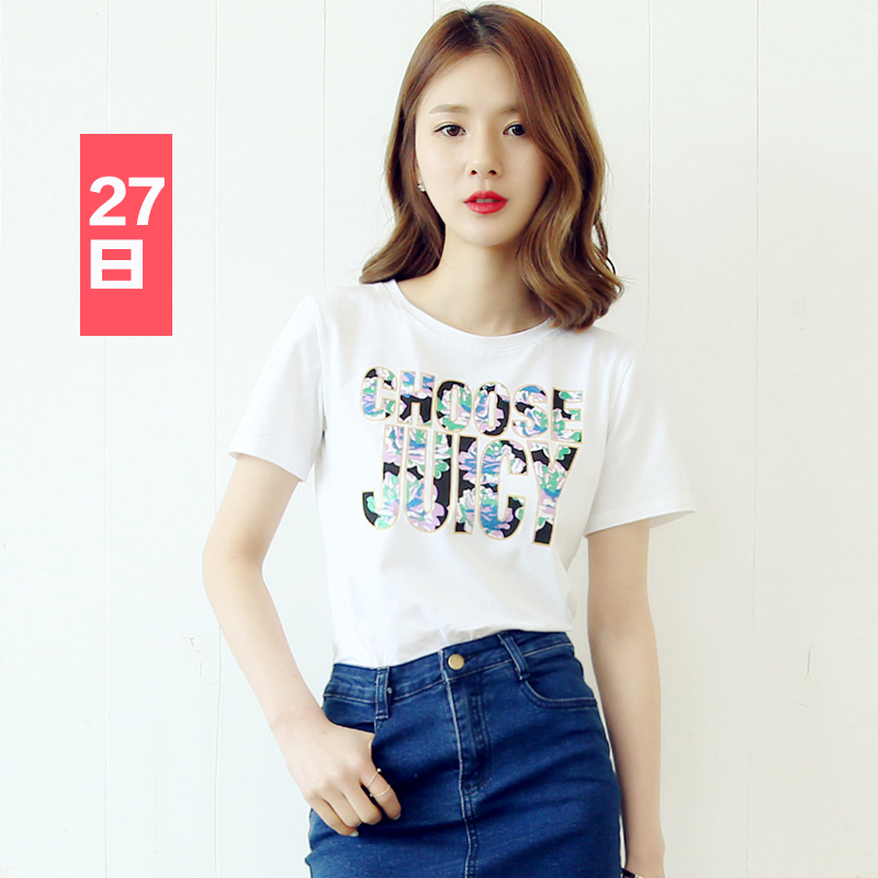韩版2015夏装新款显瘦打底衫白色字母印花短袖T恤女夏修身学生潮