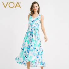 VOA 重磅丝绸白底浅蓝印花肩带风琴褶裹胸无袖中腰清新百褶连衣裙图片