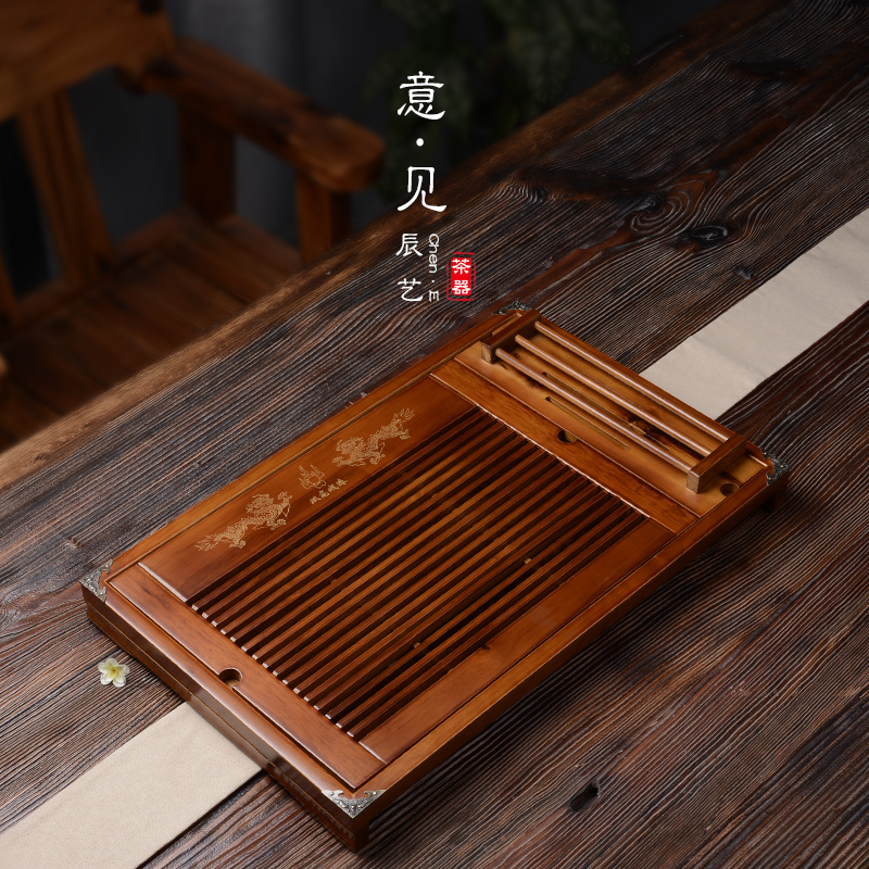 特价功夫茶具配件实木小号排水茶盘竹木制茶海储水茶台抽屉式托盘