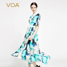 VOA 白底蓝色娃娃领蝙蝠短袖高腰大摆真丝连衣裙 文艺A7006图片