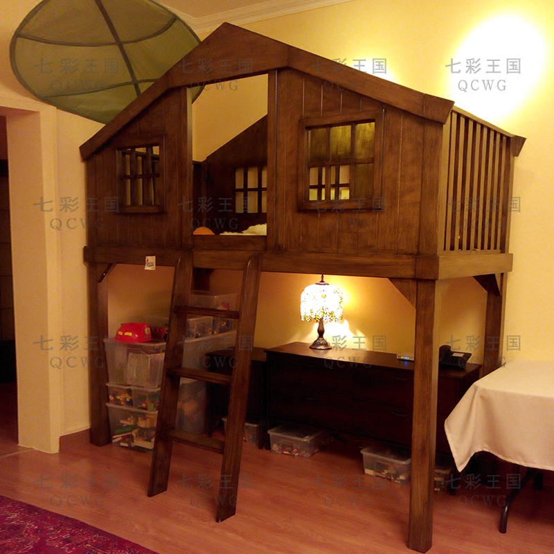 美式创意儿童家具上下床双层高低床男孩床实木儿童树屋床定制家具