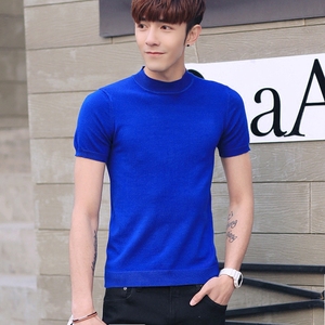 韩版针织打底衫男短袖薄款青年毛衣纯色半袖套