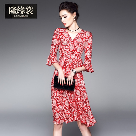 隆缘裳2017春装新款女复古名媛V领荷叶袖修身真丝印花连衣裙1983商品大图