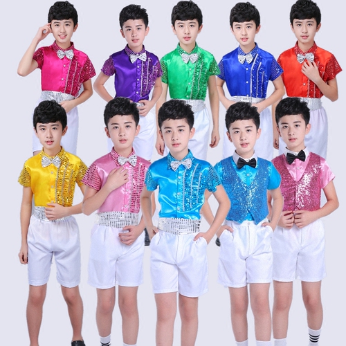 儿童演出服装男六一主持人礼服套装小学生亮片马甲合唱幼儿短裤夏