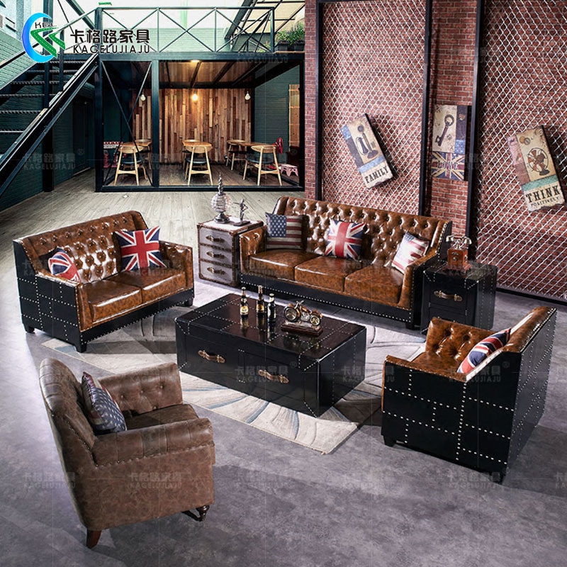 英伦个性油蜡皮沙发美式工业风沙发组合loft咖啡厅复古沙发黑铝皮