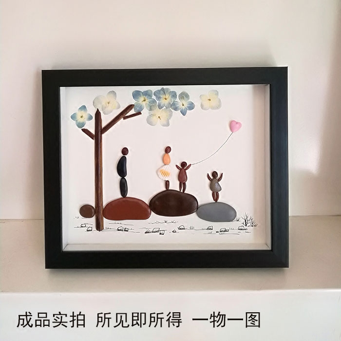 包邮 手工拼贴 现代田园 三潭印月石头画 玄关客厅单幅有框挂画