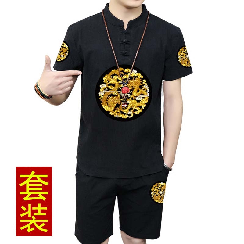 唐装中国风男装套装中式亚麻汉服T恤夏季男青