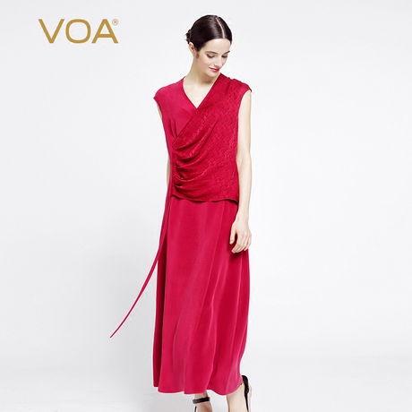 VOA深红色重磅真丝提花丝绸女连衣裙无袖V领斜襟熟女A7025商品大图