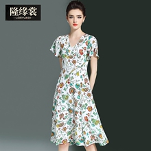 隆缘裳2017夏季新品V领时尚修身显瘦大摆真丝印花气质连衣裙3792图片